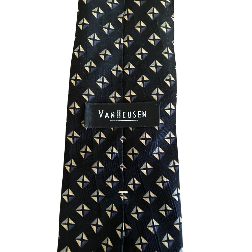 Van Heusen Mens Silk Necktie Black Blue Tan Geometric Diamond Pattern 100% Silk